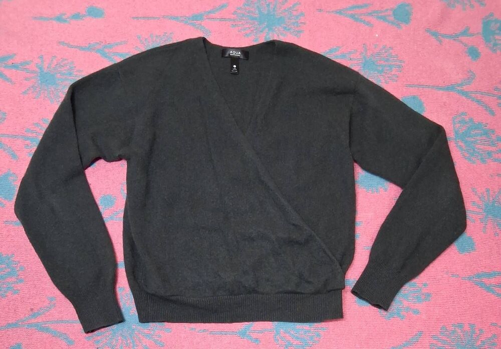 Aqua cashmere womens small sage green 100% cashmere sweater faux wrap cropped